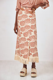 BEIGE L EMBROIDERED FRINGED PRINTED MIDI PAREO SKIRT - BEIGE