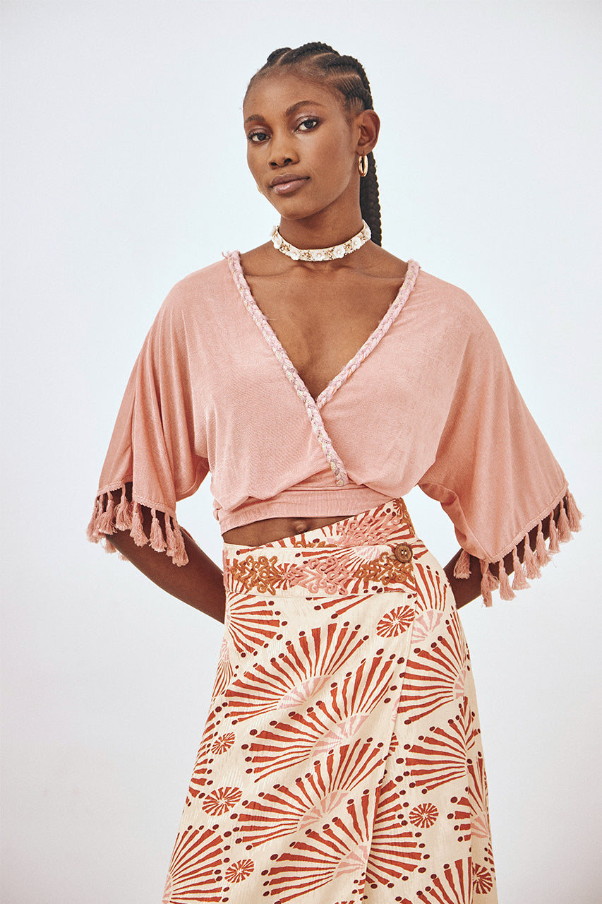 BEIGE L EMBROIDERED FRINGED PRINTED MIDI PAREO SKIRT - BEIGE