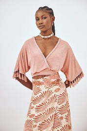 BEIGE L EMBROIDERED FRINGED PRINTED MIDI PAREO SKIRT - BEIGE