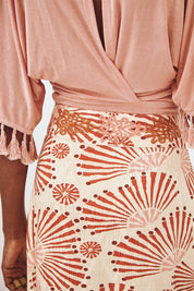 BEIGE L EMBROIDERED FRINGED PRINTED MIDI PAREO SKIRT - BEIGE