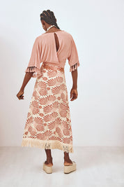 BEIGE L EMBROIDERED FRINGED PRINTED MIDI PAREO SKIRT - BEIGE