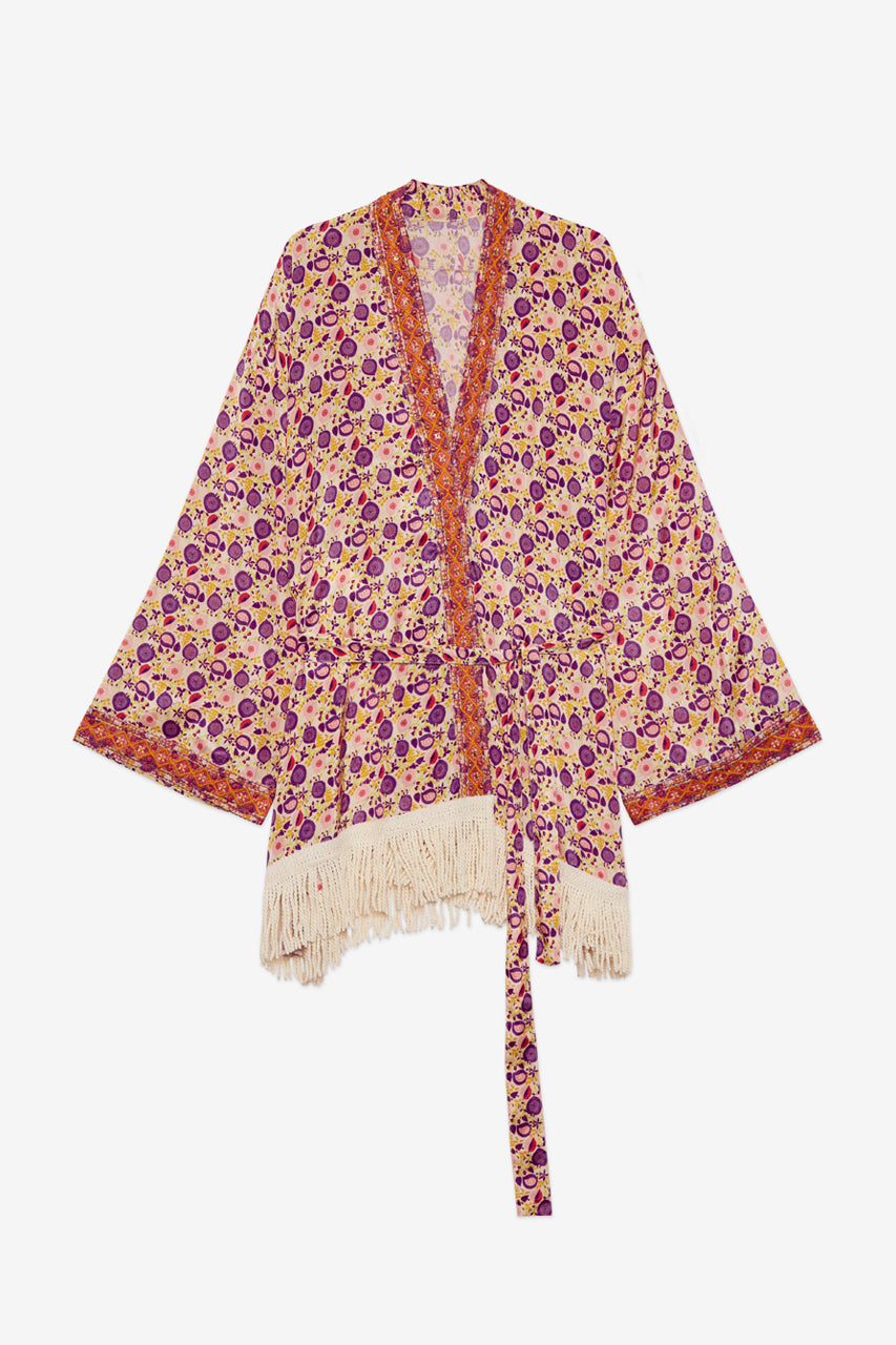 EMBROIDERED PRINTED KIMONO WITH FRINGES - PINK