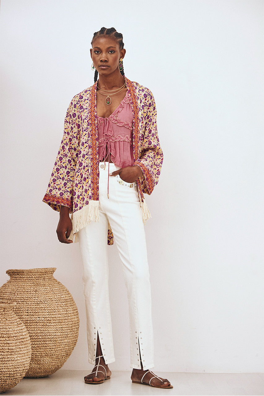 EMBROIDERED PRINTED KIMONO WITH FRINGES - PINK