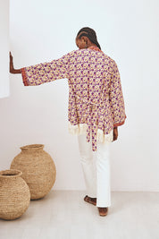 EMBROIDERED PRINTED KIMONO WITH FRINGES - PINK