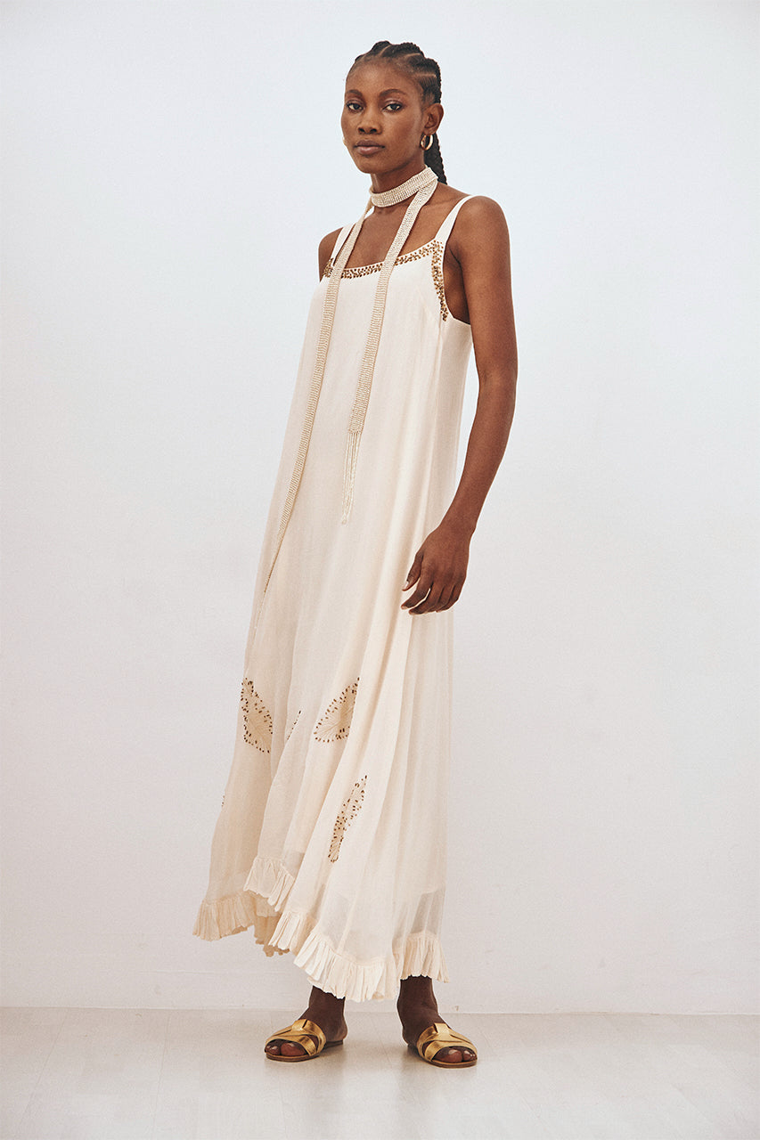 PLAIN LONG EMBROIDERED DRESS - ECRU
