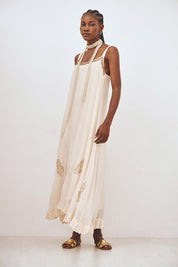 PLAIN LONG EMBROIDERED DRESS - ECRU