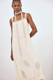 PLAIN LONG EMBROIDERED DRESS - ECRU