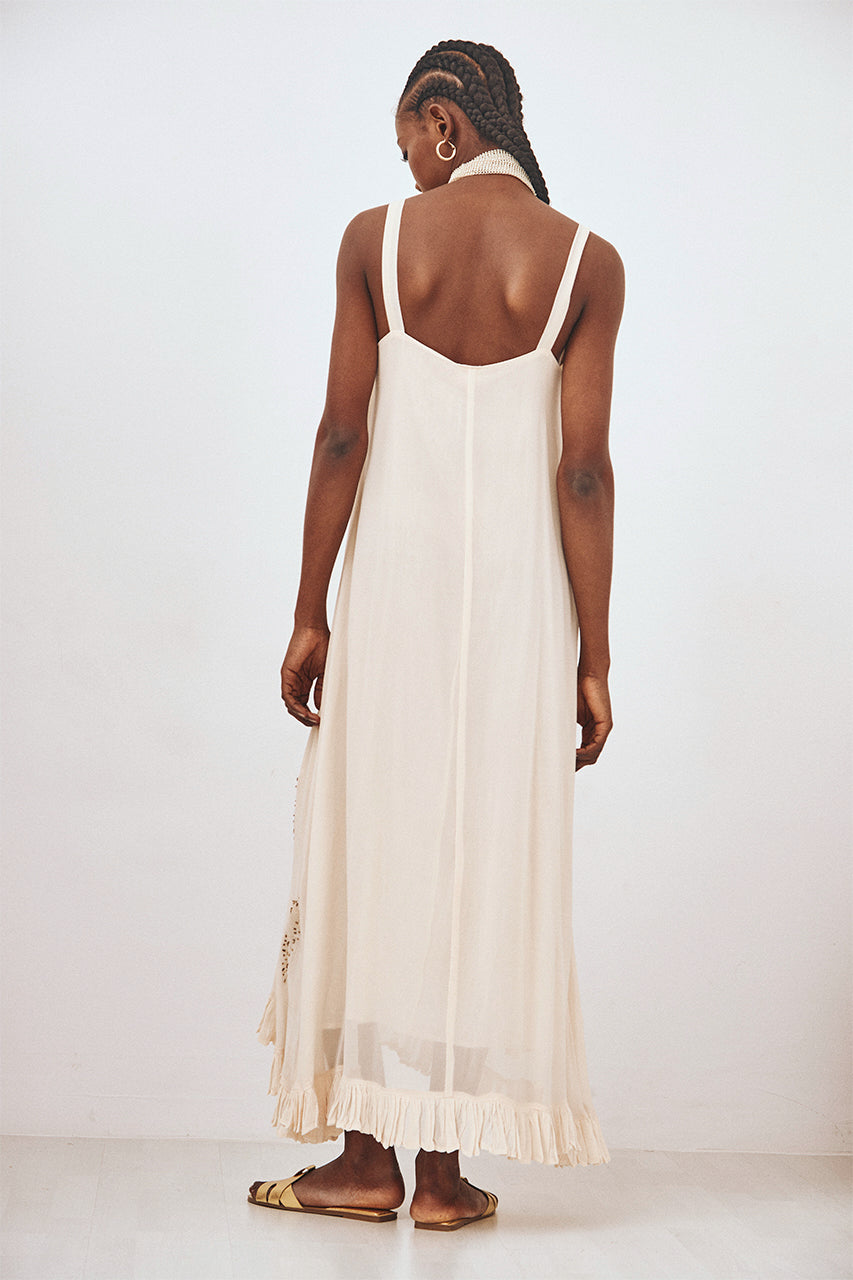PLAIN LONG EMBROIDERED DRESS - ECRU