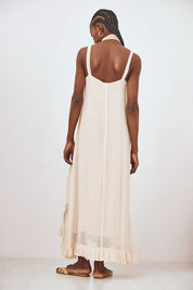 PLAIN LONG EMBROIDERED DRESS - ECRU