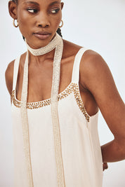 PLAIN LONG EMBROIDERED DRESS - ECRU