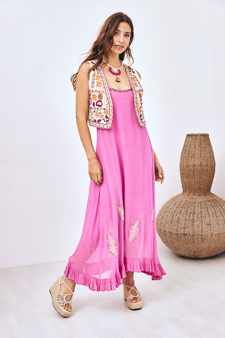 VESTIDO LARGO LISO BORDADO - ROSA