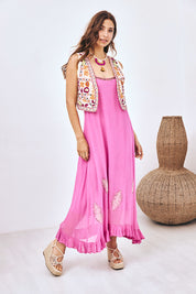 VESTIDO LARGO LISO BORDADO - ROSA