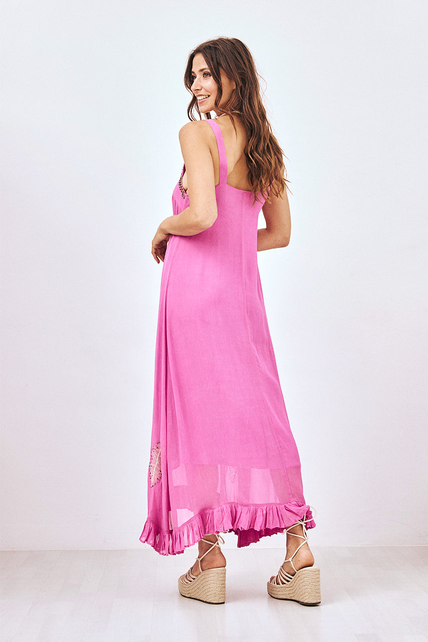 VESTIDO LARGO LISO BORDADO - ROSA