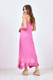 VESTIDO LARGO LISO BORDADO - ROSA