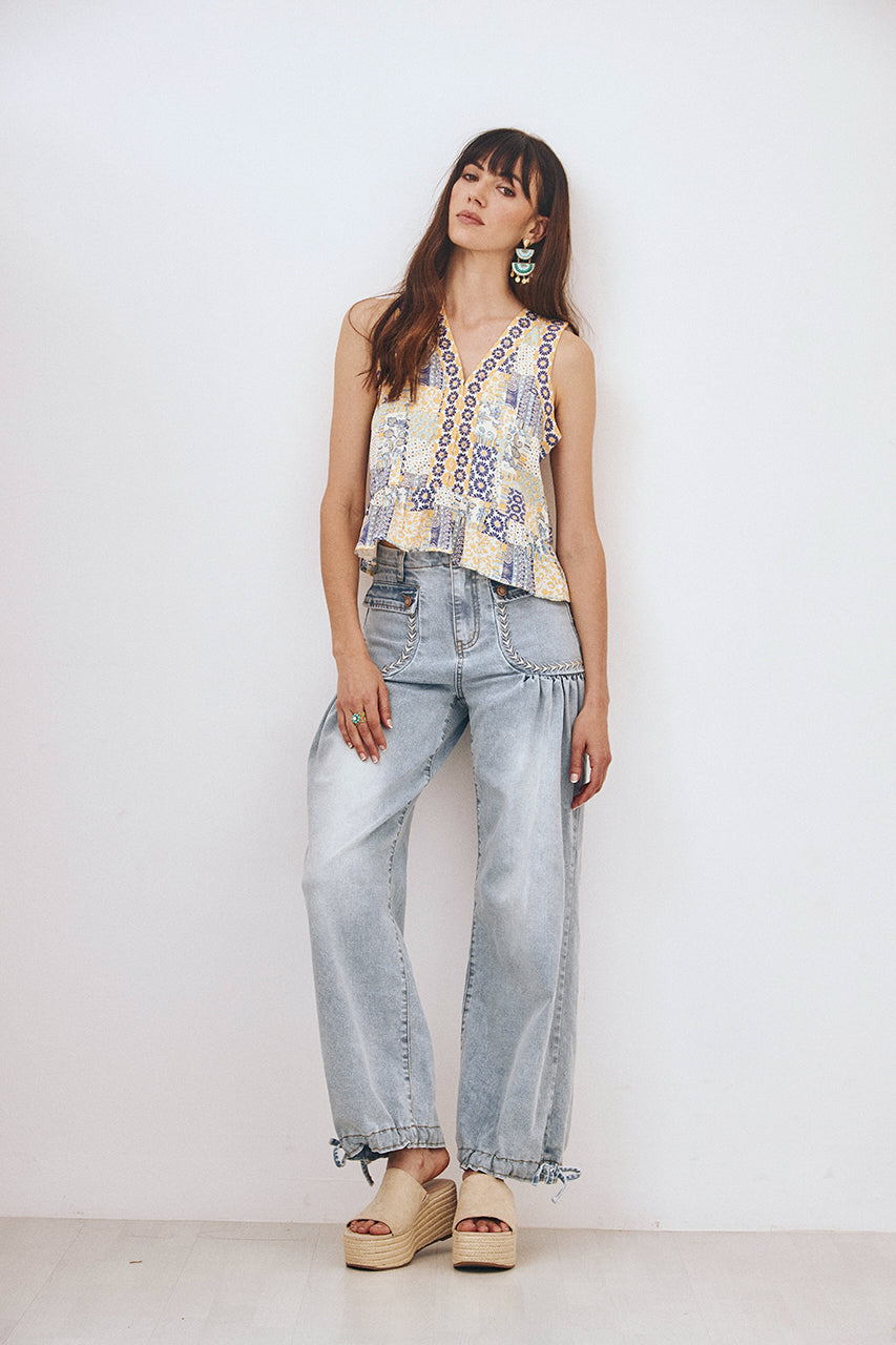 PATCHWORK PRINT TOP - BLUE