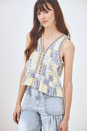 PATCHWORK PRINT TOP - BLUE