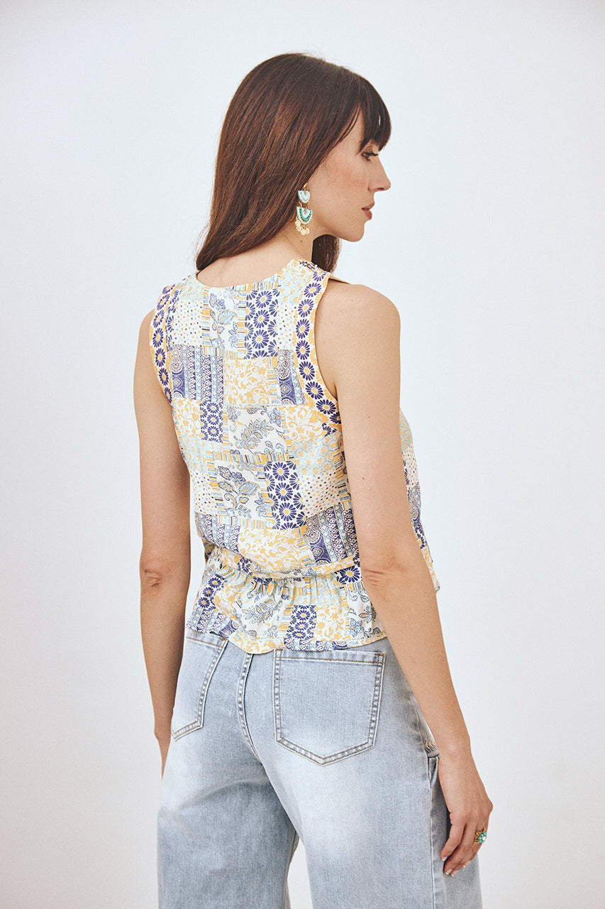 PATCHWORK PRINT TOP - BLUE
