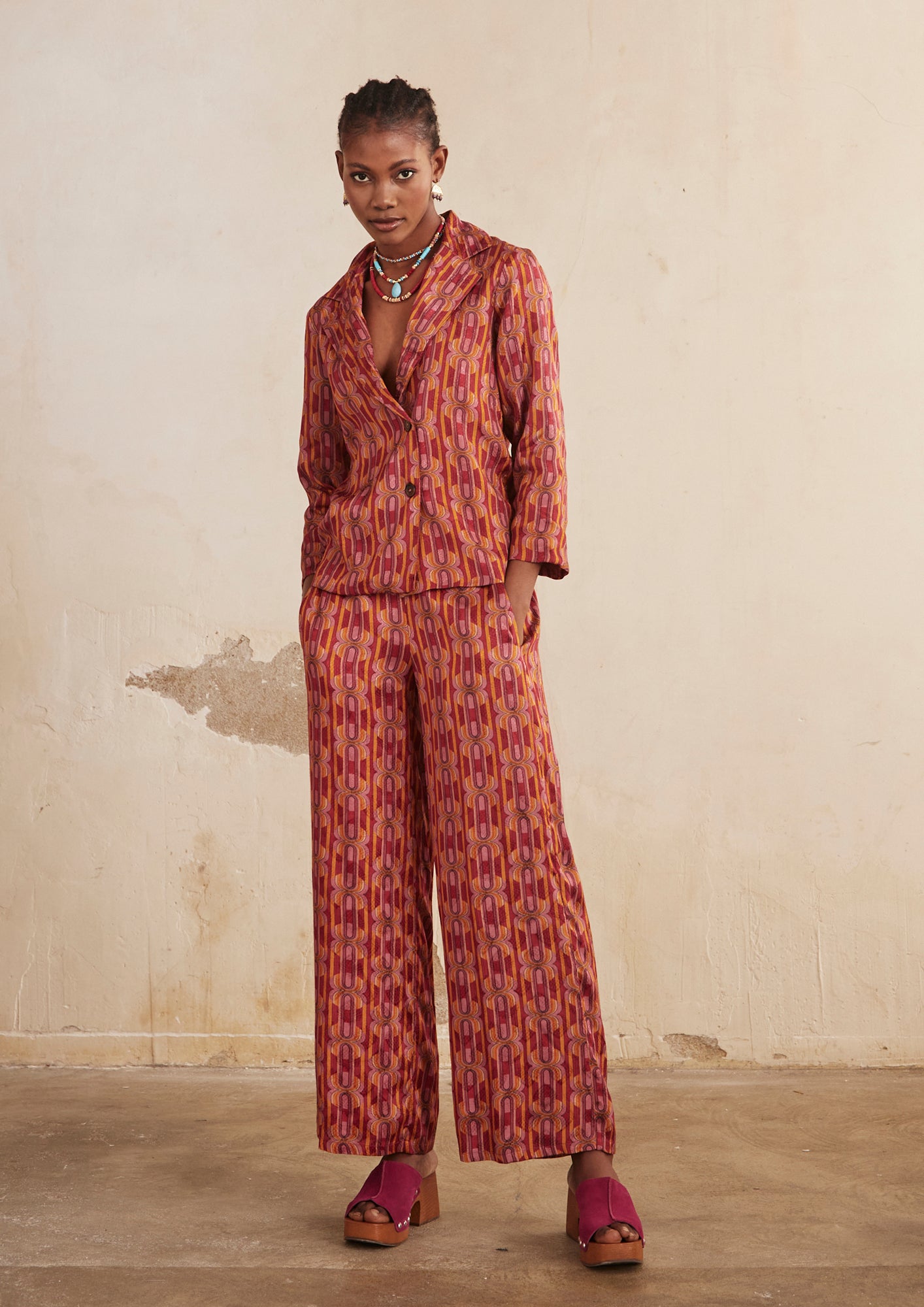 PRINTED LONG-SLEEVED FLUID BLAZER - MAGENTA