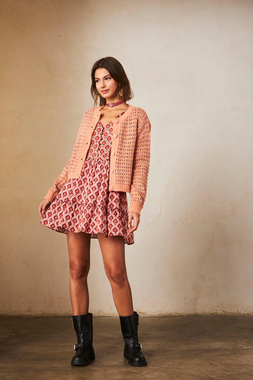 Short dress with long sleeves and beaded print - Magenta