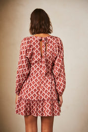 Short dress with long sleeves and beaded print - Magenta