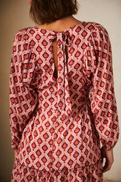 Short dress with long sleeves and beaded print - Magenta