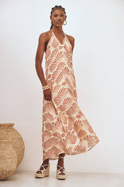 PRINTED AND EMBROIDERED LONG HALTER DRESS - BEIGE