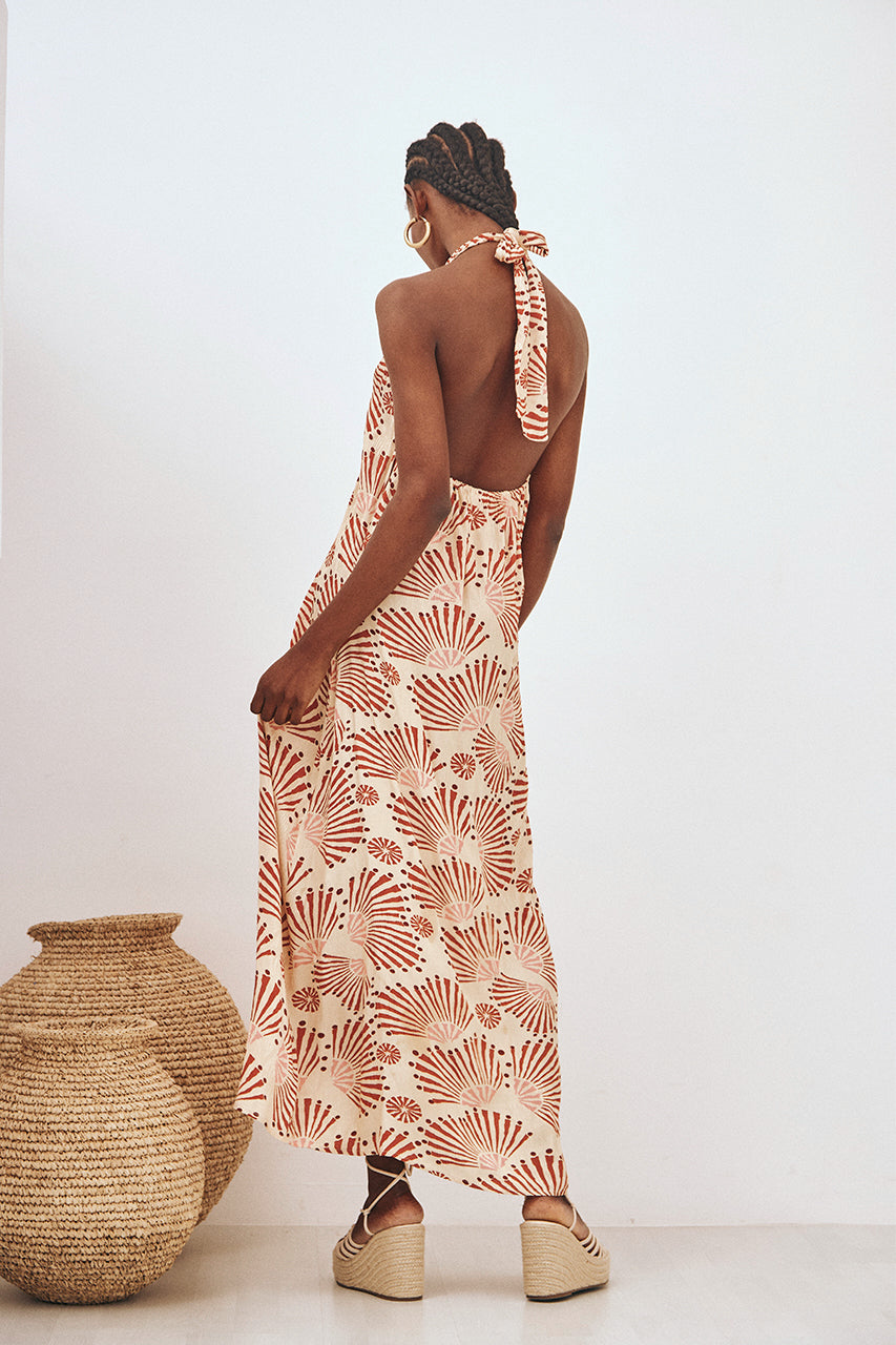 PRINTED AND EMBROIDERED LONG HALTER DRESS - BEIGE