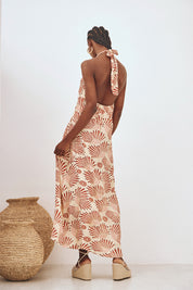 PRINTED AND EMBROIDERED LONG HALTER DRESS - BEIGE
