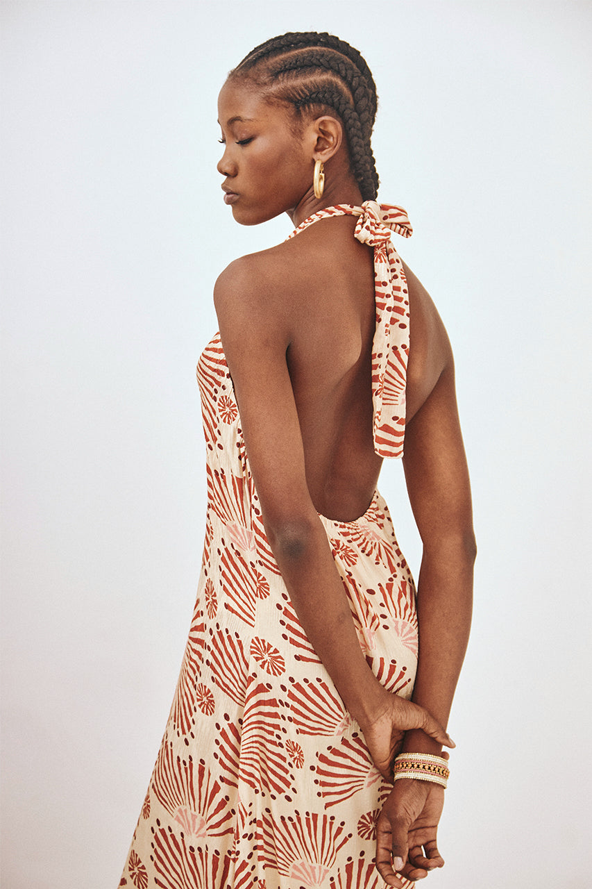 PRINTED AND EMBROIDERED LONG HALTER DRESS - BEIGE