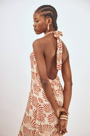 PRINTED AND EMBROIDERED LONG HALTER DRESS - BEIGE