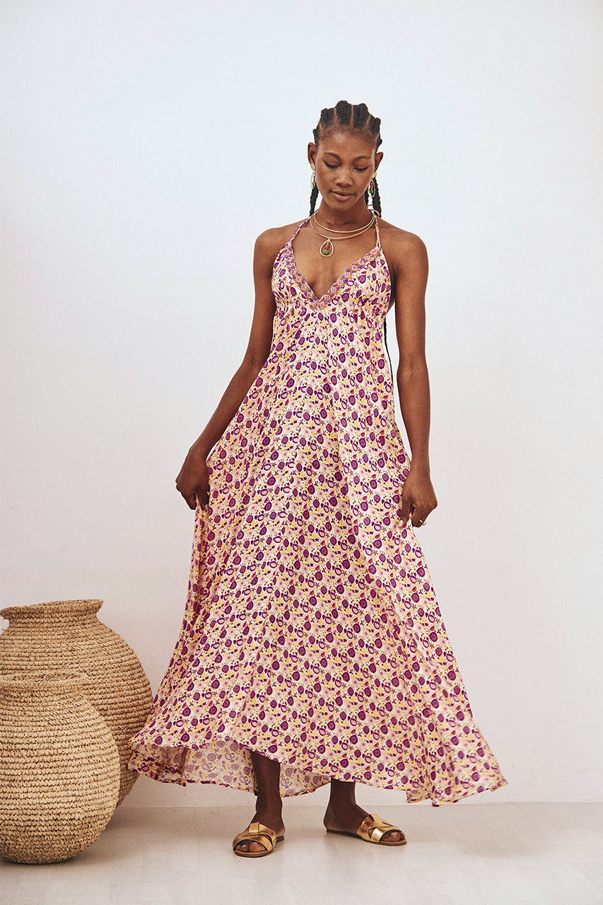 VESTIDO MIDI ESTAMPADO DE VOLUMEN ESCOTE - VIOLETA