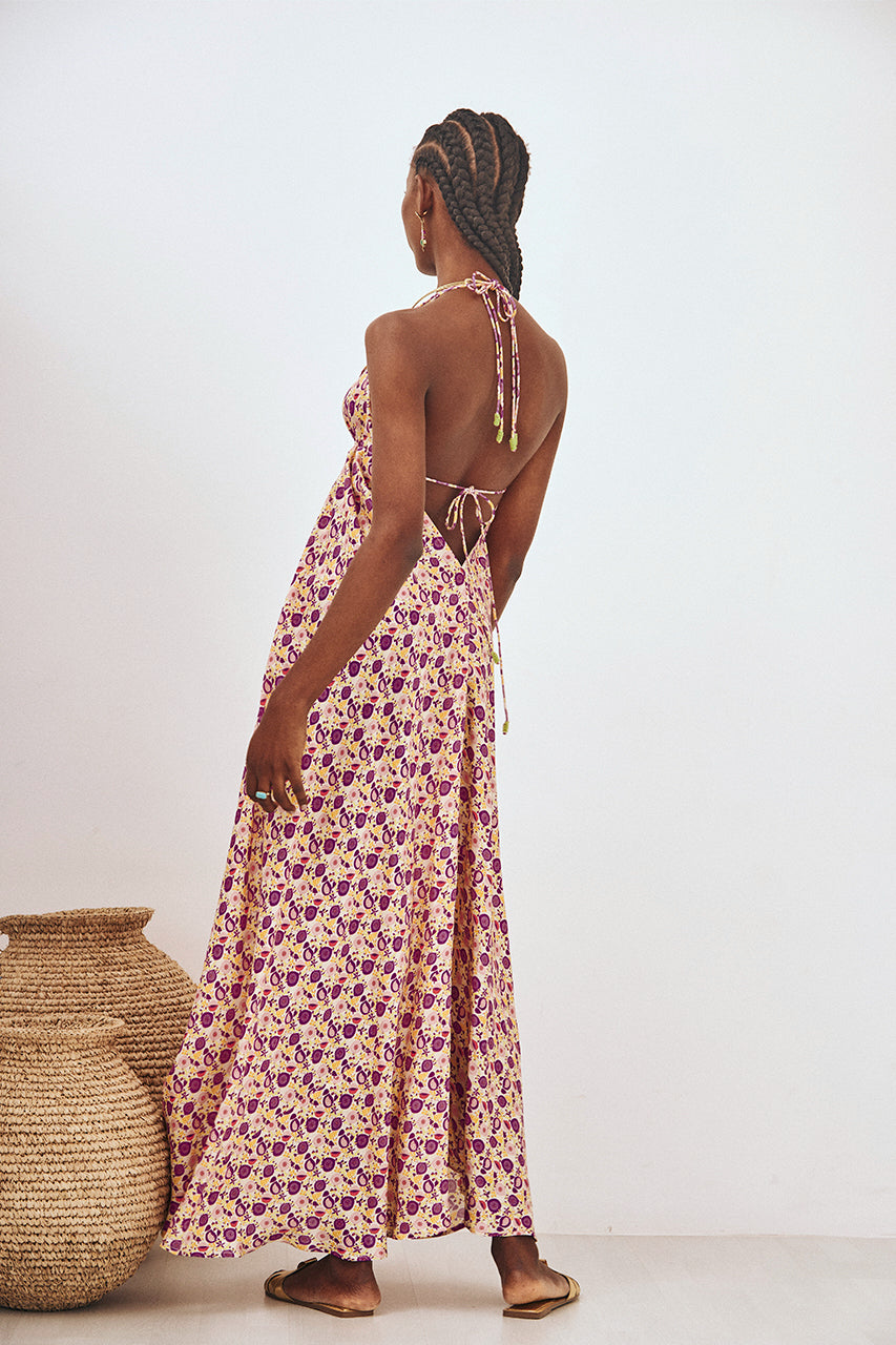 VESTIDO MIDI ESTAMPADO DE VOLUMEN ESCOTE - VIOLETA