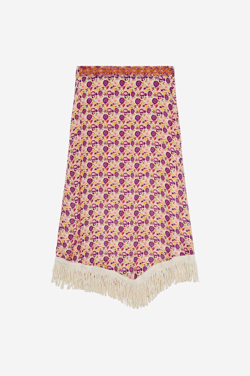 FALDA MIDI ASIMÉTRICA ESTAMPADA BORDADA CON FLECOS - ROSA