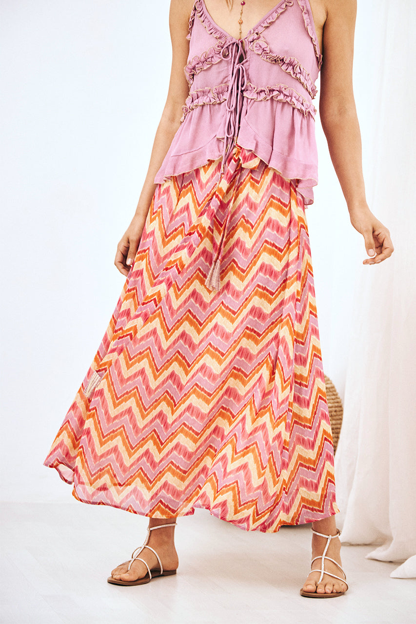 EMBROIDERED TIE-WAIST PRINTED MAXI SKIRT FUCHSIA L - FUCHSIA
