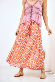 EMBROIDERED TIE-WAIST PRINTED MAXI SKIRT FUCHSIA L - FUCHSIA
