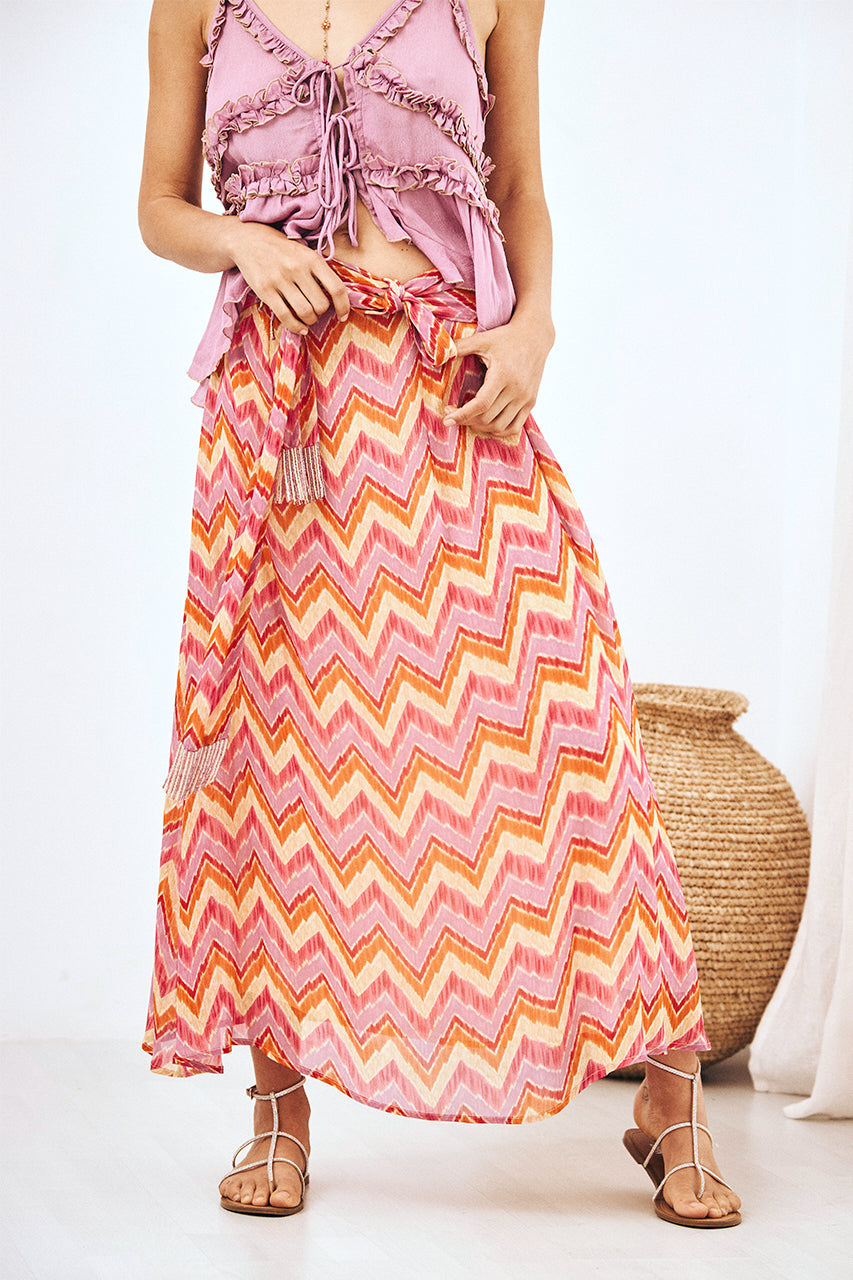 EMBROIDERED TIE-WAIST PRINTED MAXI SKIRT FUCHSIA L - FUCHSIA