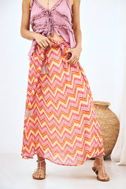 EMBROIDERED TIE-WAIST PRINTED MAXI SKIRT FUCHSIA L - FUCHSIA