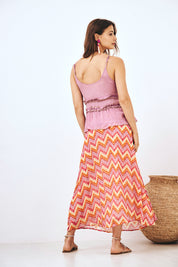 EMBROIDERED TIE-WAIST PRINTED MAXI SKIRT FUCHSIA L - FUCHSIA