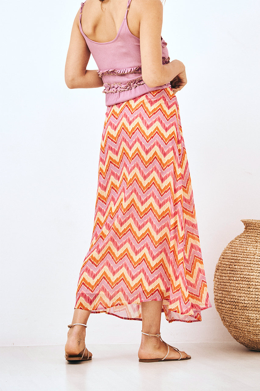 EMBROIDERED TIE-WAIST PRINTED MAXI SKIRT FUCHSIA L - FUCHSIA