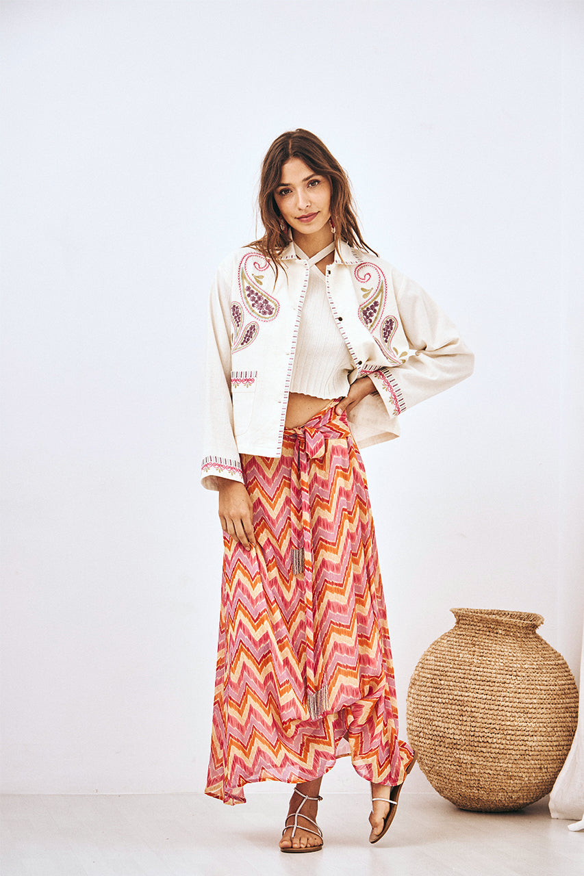 EMBROIDERED TIE-WAIST PRINTED MAXI SKIRT FUCHSIA L - FUCHSIA