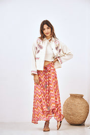 EMBROIDERED TIE-WAIST PRINTED MAXI SKIRT FUCHSIA L - FUCHSIA