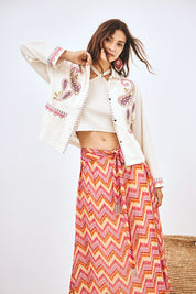 EMBROIDERED TIE-WAIST PRINTED MAXI SKIRT FUCHSIA L - FUCHSIA