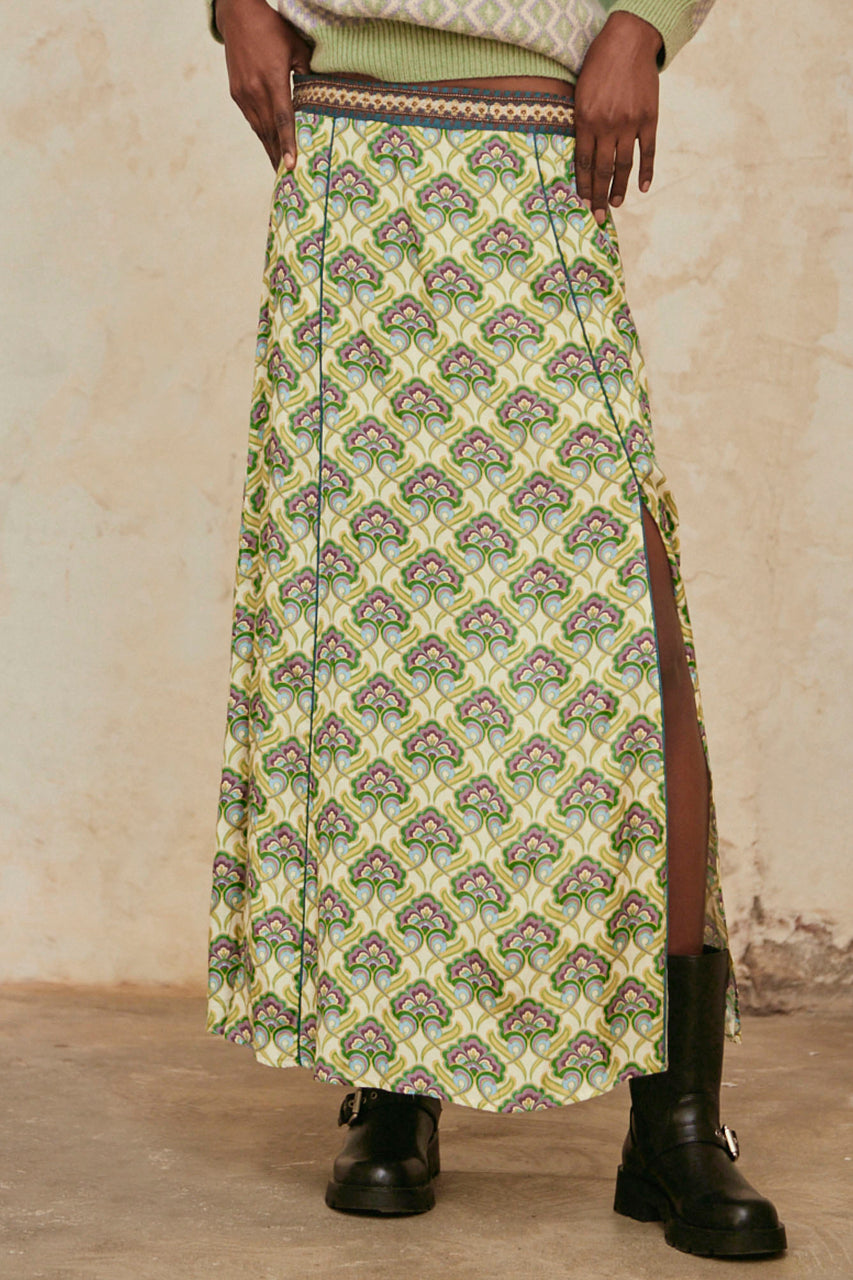FALDA LARGA ESTAMPADA CON BORDADO - GREEN