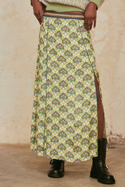 FALDA LARGA ESTAMPADA CON BORDADO - GREEN