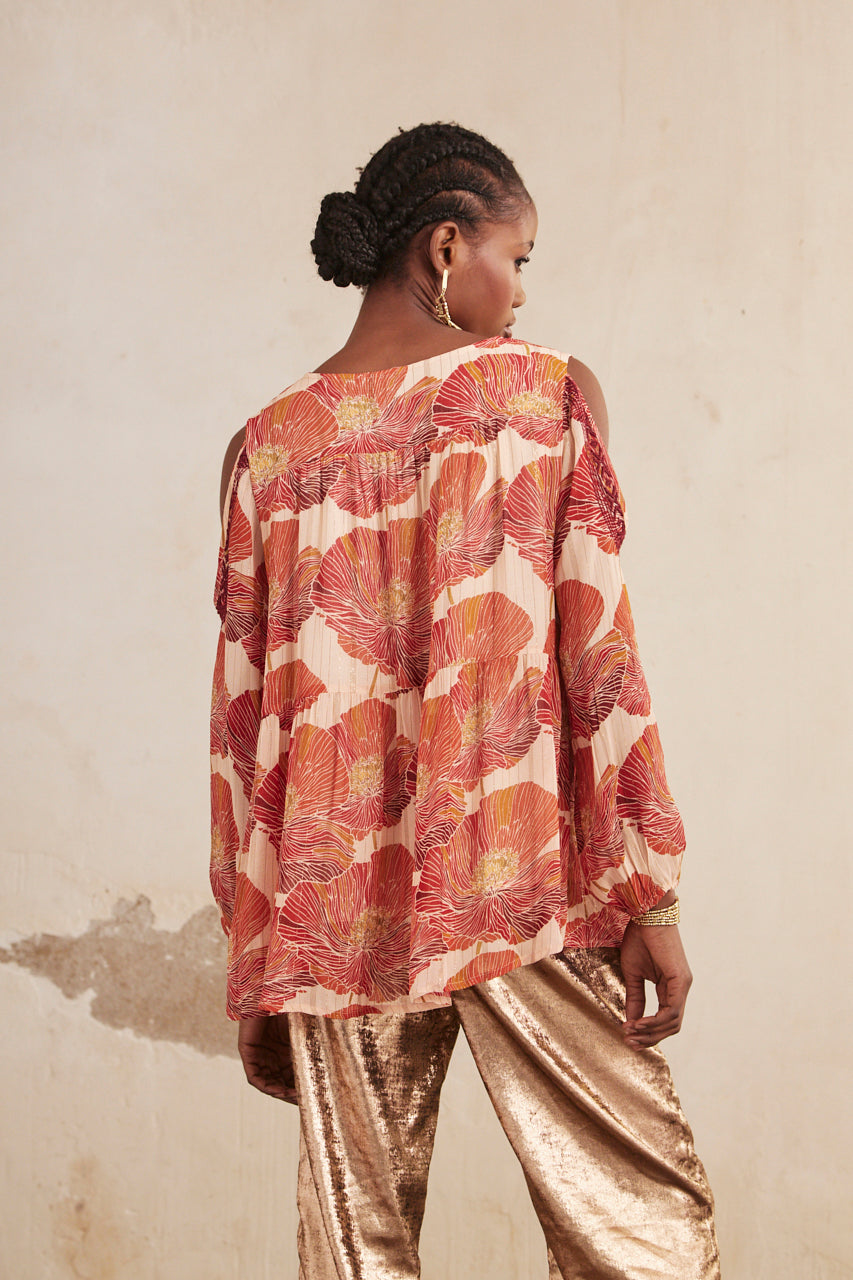 BLUSA OVERSIZE MANGA LARGA ESTAMPADA CON BORDADOS - NUDE