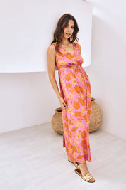 VESTIDO LARGO ESTAMPADO CON CUT-OUTS EN CINTURA - ROSA
