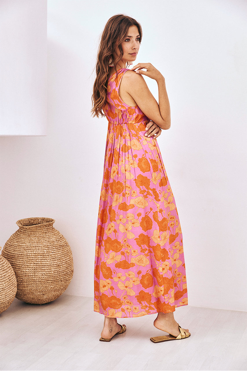 VESTIDO LARGO ESTAMPADO CON CUT-OUTS EN CINTURA - ROSA