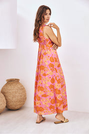 VESTIDO LARGO ESTAMPADO CON CUT-OUTS EN CINTURA - ROSA