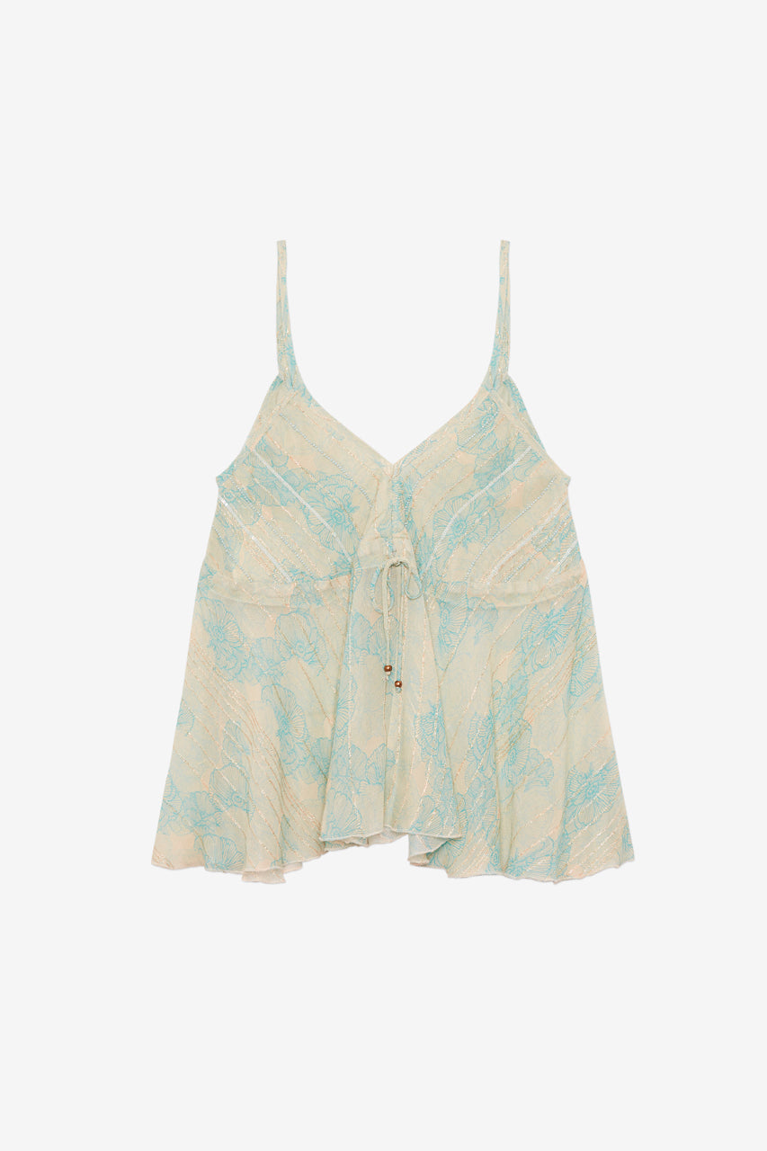 EMBROIDERED PRINTED STRAPPY TOP - TURQUOISE