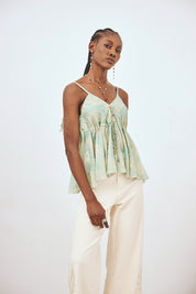 EMBROIDERED PRINTED STRAPPY TOP - TURQUOISE